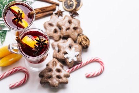 Christmas composition with mulled wine and sweetsの写真素材