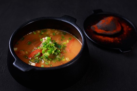 goulash soup bograch, meat stew in a cast iron potの写真素材