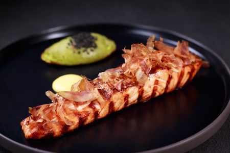 seafood restaurant menu, grilled salmon steakの写真素材