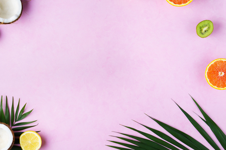 Summer composition with exotic fruits, vacationの写真素材