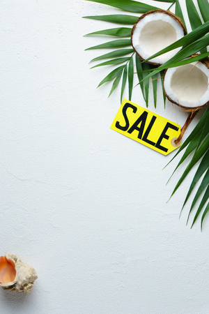 Summer vacation sale, price tag, shell and coconutの写真素材