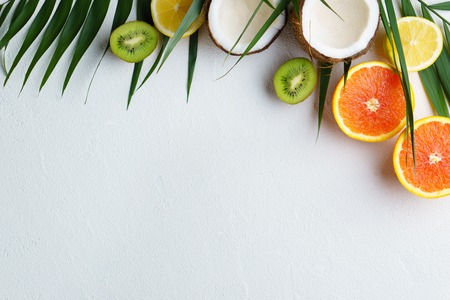 Summer composition with tropical fruits, vacationの写真素材