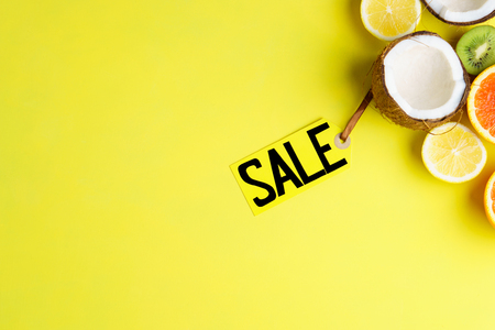 Summer vacation sale, price tag and exotic fruitsの写真素材