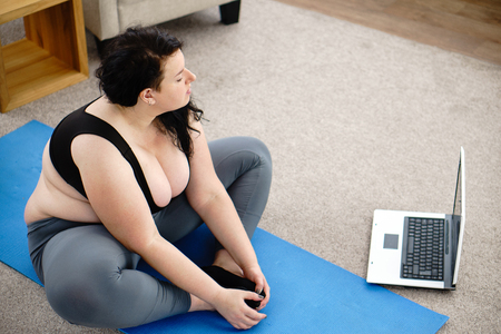 Home fitness, online personal yoga trainerの写真素材