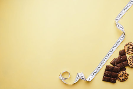 Chocolate bar and measure tape. diet and fitness