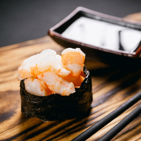 Sushi gunkan with shrimps, Japanese delicacy foodの写真素材