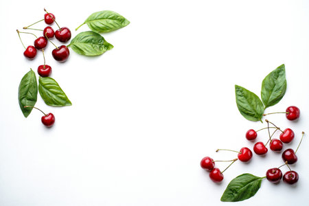 Cherry pattern. Creative summertime berry layout. Flat lay of fresh ripe cherries on white...