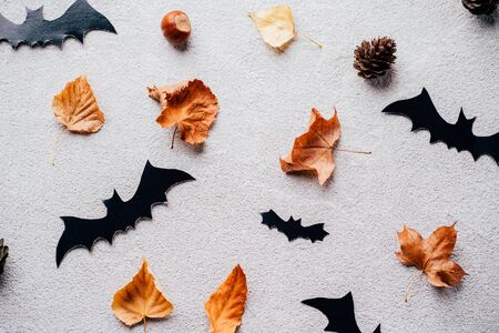 Halloween background with paper bats decorationsの写真素材