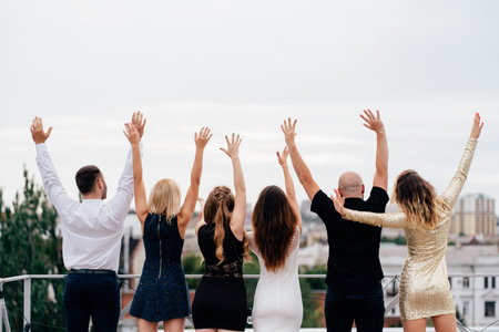 Christmas party on rooftop. Celebration atmosphereの写真素材