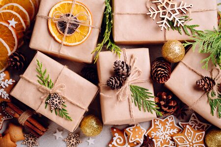 Christmas with gift boxes and sweetsの写真素材