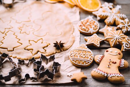 Christmas Gingerbread dough with christmas shapesの写真素材