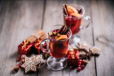 Christmas atmospheric background with mulled wineの写真素材