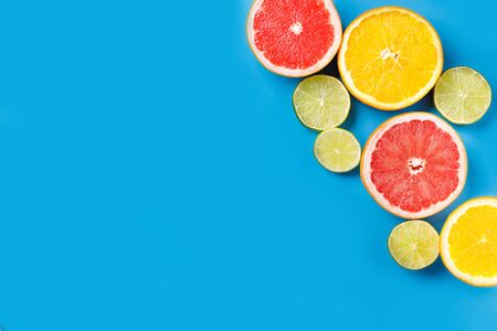 Summertime tropical background with exotic fruitsの写真素材