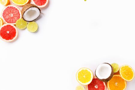 Summertime tropical background with exotic fruitsの写真素材