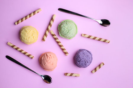 Ice cream scoops of different colors and flavors