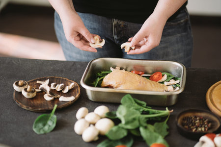 Diet concept, healthy lifestyle, low calorie food. Closeup portrait of woman cooking healthy dinner...