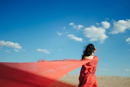 Beautiful woman in silk red dress with trainの写真素材