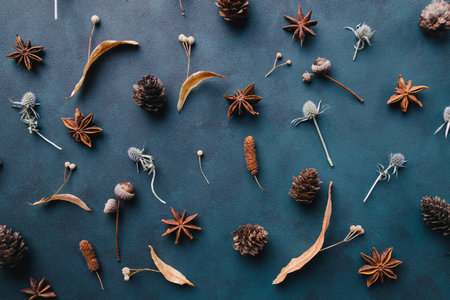 Autumn pattern of dried leaves and acorns