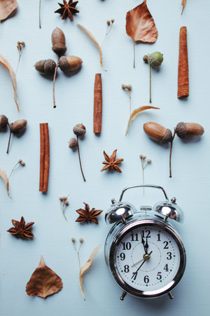 Autumn time composition with clock and dry foliage
