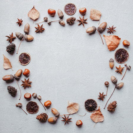 Wreath of autumn leaves, acorns and pine cones