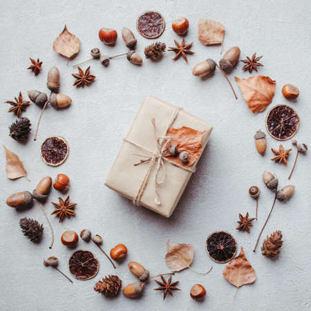 Autumn festive decorations, greeting card mockupの写真素材