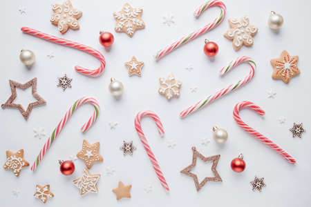 Christmas background with candies and presentsの写真素材