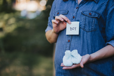 It's a boy. Pregnancy, awaiting a son concept. Young pregnant woman with blue socks. Expecting a...