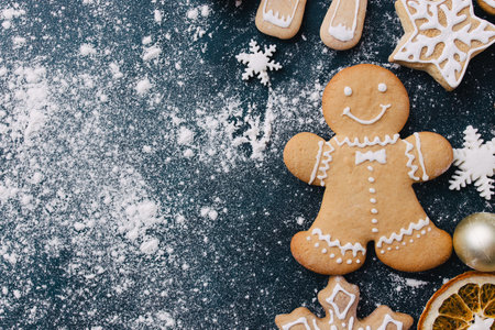 Christmas composition, New Year greeting card. Mockup with festive food decorations and gingerbread...