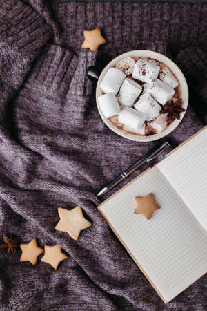 Winter composition background. Nordic hygge style concept, christmas still life with with knitted sweater, cocoa cup, gingerbread cookies and empty notebookの写真素材