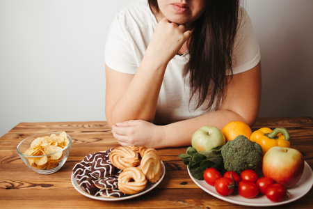 Healthy snacking, balanced nutrition, dietary, lifestyle, weight losing concept. Overweight woman choosing between vegetables and junk foodの写真素材