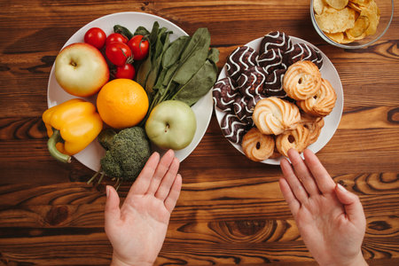 Healthy snacking, balanced nutrition, dietary, lifestyle, weight losing concept. Overweight woman choosing between vegetables and junk foodの写真素材