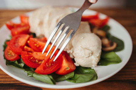 Diet concept, healthy lifestyle, low calorie food, low carb diet. Eating boiled chicken breasts with salad, close upの写真素材