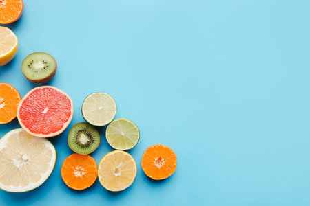 Summer vibes. Composition with exotic fruits on blue background. Summertime vacation, cocktail,...