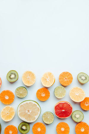 Summer vibes. Composition with exotic fruits on white background. Summertime vacation, cocktail, tropical beach. Creative fruity layout, copy spaceの写真素材