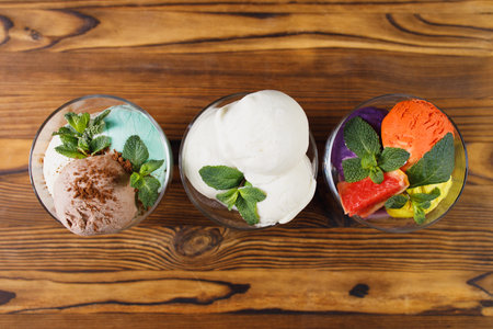 Ice-cream. Flavored sundae and fruit sorbet