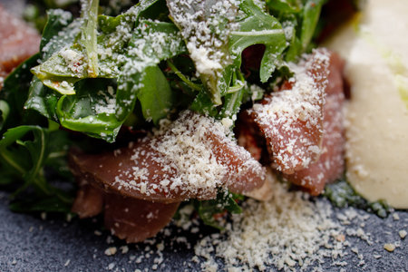 Restaurant menu, roast beef and vegetable saladの写真素材