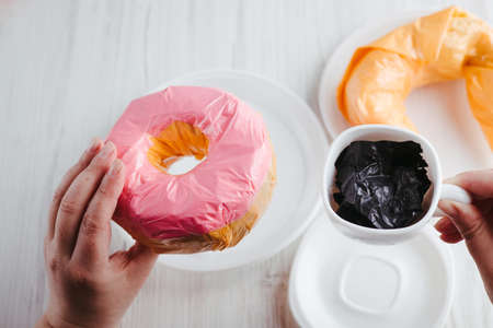 Micro plastic pollution. Recycled waste in foodの写真素材