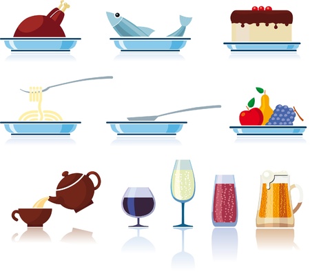 Food and beverages vector icons set isolated over white background.のイラスト素材
