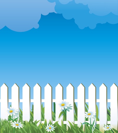 Illustration of summer day with white fence, grass and daises.のイラスト素材