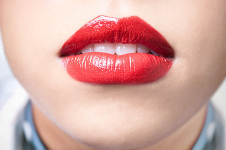 Close-up shot of female lips with bright red lipstickの写真素材