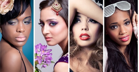 Collage of 4 closeup beauty images of women of different ethnicities (asian/indian, caucasian, african, other) with creative colorful makeups. See full size images in my portfolio.の写真素材