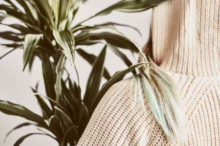 Teenager girl with blue colored hair wearing cozy and warm beige sweater with hood, close up. Natural cosmeticの写真素材