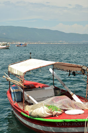 Fishing boat on the Ageanc Sea in Stavros, Greece.の写真素材