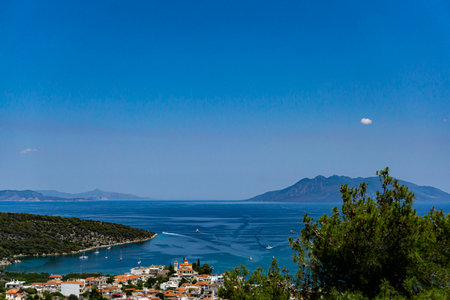 View at the small city near the sea in Greeceの写真素材