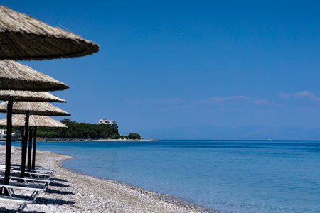 Summer beach bar in Peloponnese, Greeceの写真素材