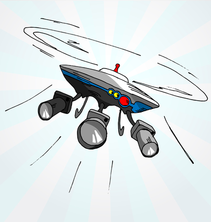 Hand drawn vector cartoon illustration of flying drone with camerasのイラスト素材