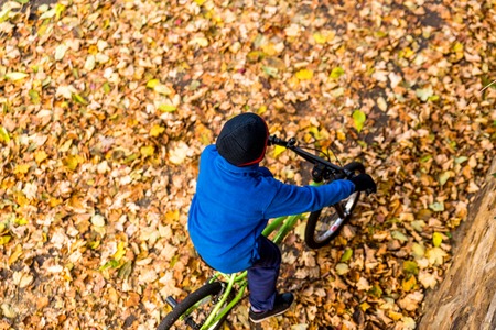 Overhead photo of a boy rides a bicycle in autumn park.の写真素材