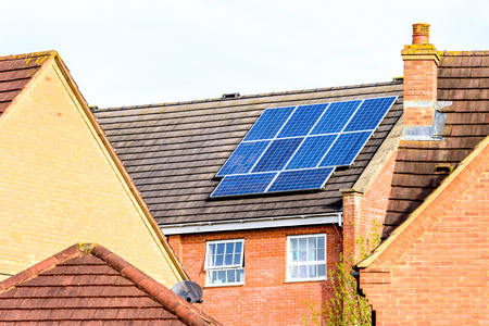 UK Solar Energy Panel on Sunny Roofの写真素材