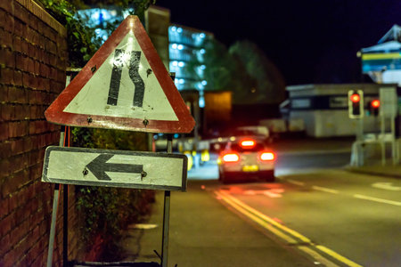 Night View Road Narrows UK Roadworks Sign