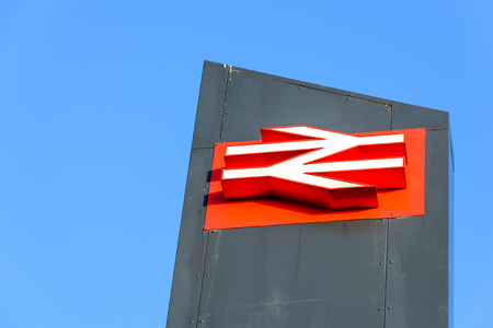 Northampton, UK - Sep 09, 2017: Low angle morning view of British Rail logo at Northampton Train Stationのeditorial素材